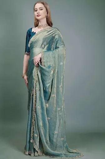 teal embellished embroidered organza heavy work mysore silk saree