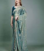 teal embellished embroidered organza heavy work mysore silk saree