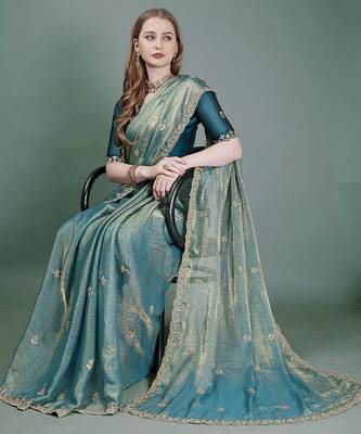 teal embellished embroidered organza heavy work mysore silk saree 2