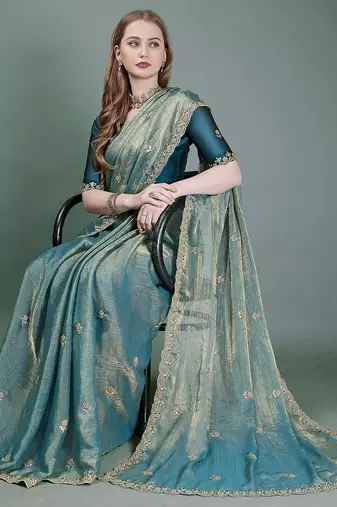teal embellished embroidered organza heavy work mysore silk saree