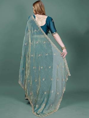 teal embellished embroidered organza heavy work mysore silk saree 3