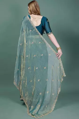 teal embellished embroidered organza heavy work mysore silk saree