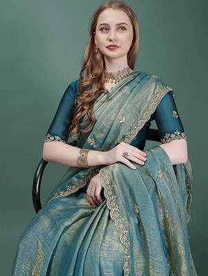 teal embellished embroidered organza heavy work mysore silk saree 4