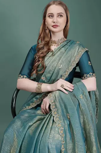teal embellished embroidered organza heavy work mysore silk saree