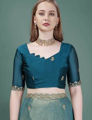 teal embellished embroidered organza heavy work mysore silk saree 5