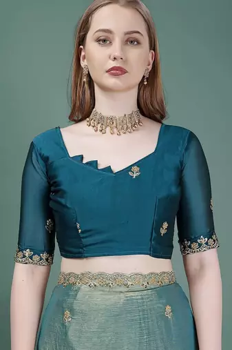 teal embellished embroidered organza heavy work mysore silk saree