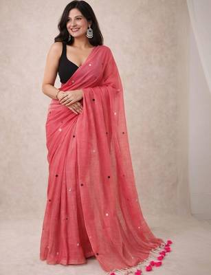 pink mirror work pure cotton handloom khadi saree 1