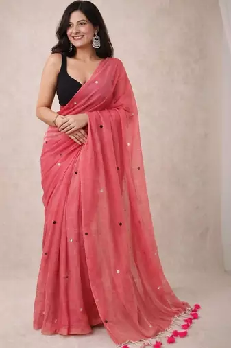 pink mirror work pure cotton handloom khadi saree