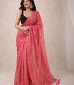 pink mirror work pure cotton handloom khadi saree