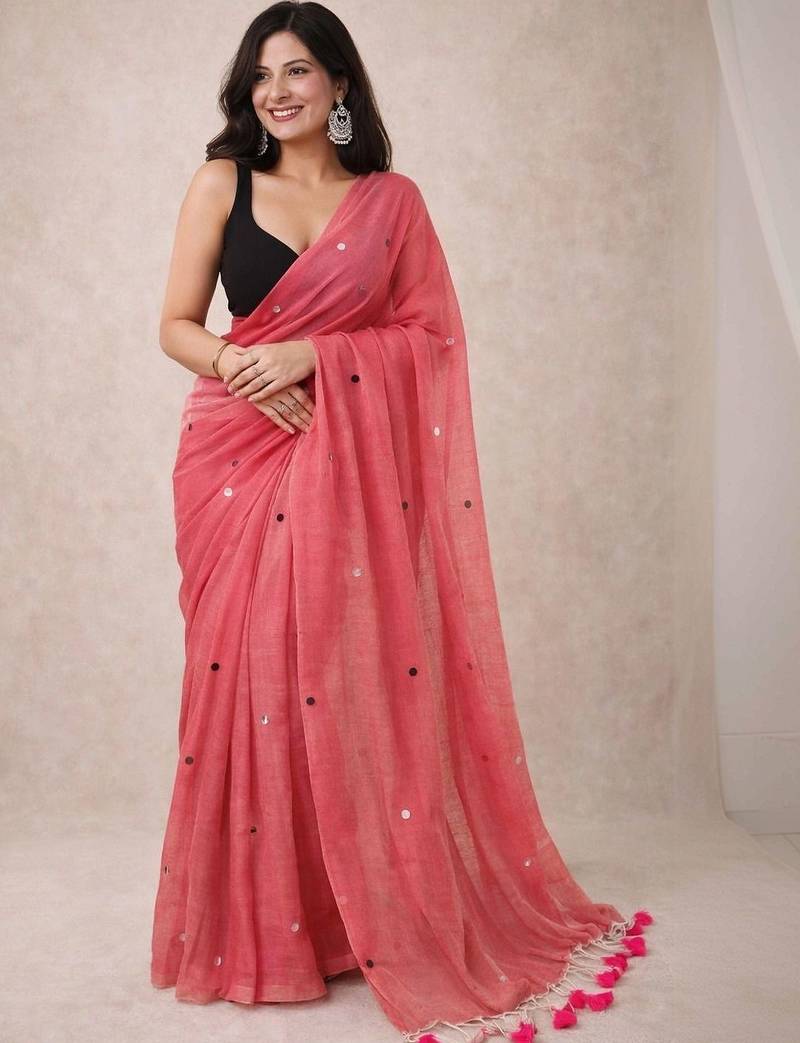 pink mirror work pure cotton handloom khadi saree