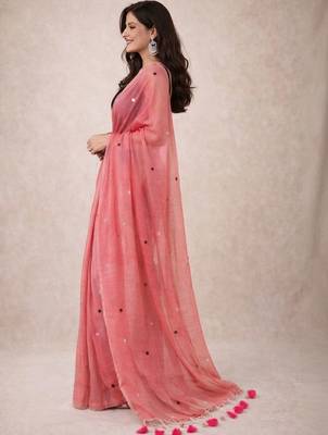 pink mirror work pure cotton handloom khadi saree 2