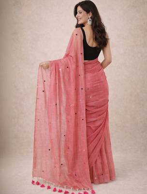 pink mirror work pure cotton handloom khadi saree 3