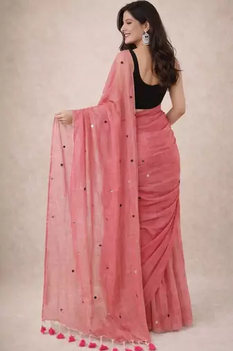 pink mirror work pure cotton handloom khadi saree
