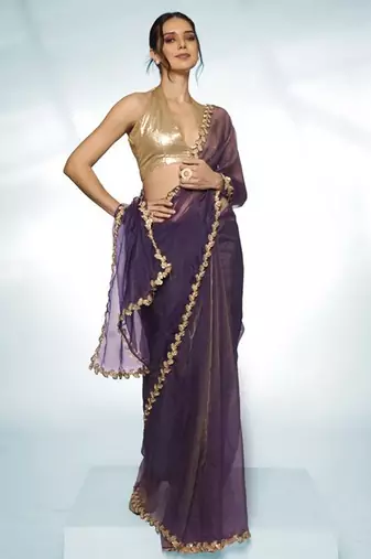 purple sequinned embellished tissue saree