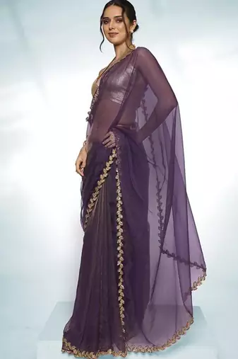 purple sequinned embellished tissue saree