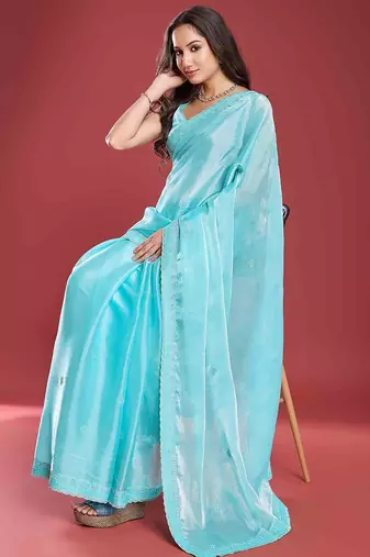 blue women embellished beads & stones tissue saree