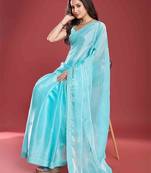 blue women embellished beads & stones tissue saree