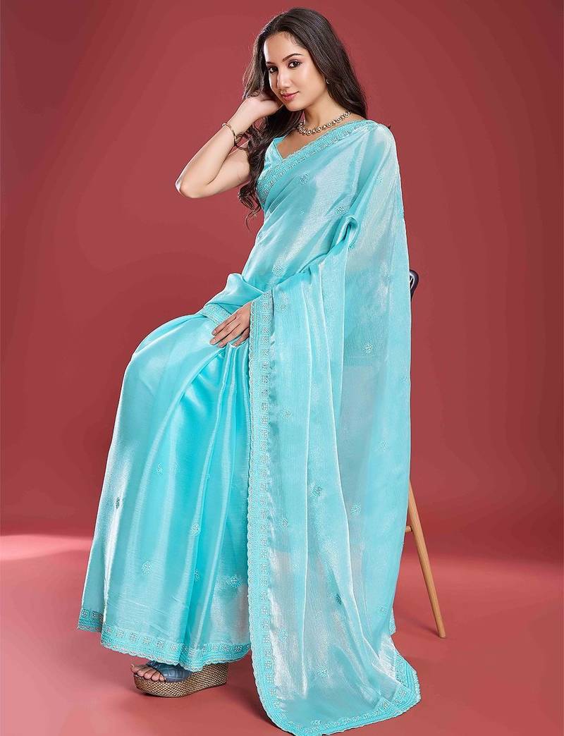 blue women embellished beads & stones tissue saree