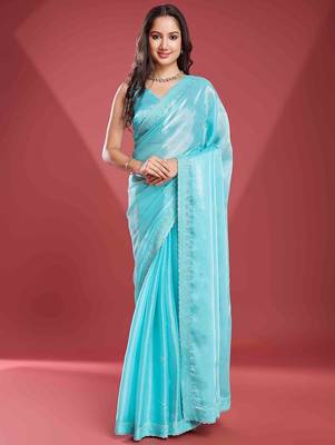 blue women embellished beads & stones tissue saree 2