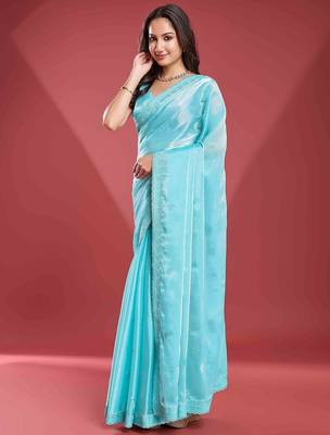 blue women embellished beads & stones tissue saree 3