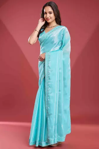 blue women embellished beads & stones tissue saree