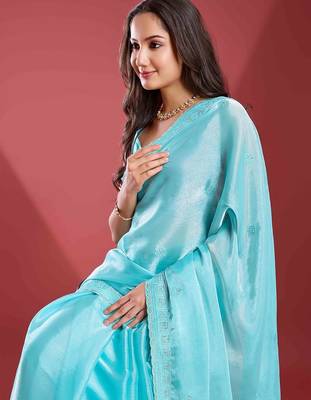 blue women embellished beads & stones tissue saree 5