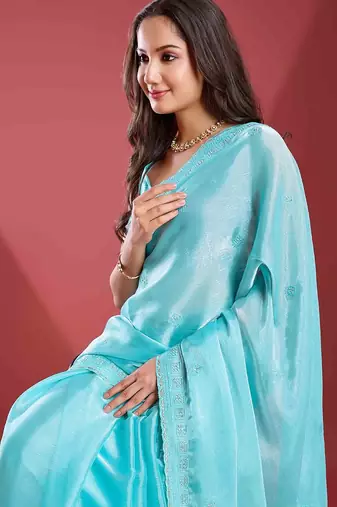 blue women embellished beads & stones tissue saree