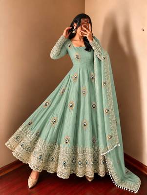 Mint green peacock feather embroidered silk gown with pant & dupatta 1