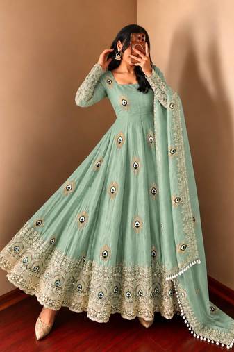 Mint green peacock feather embroidered silk gown with pant & dupatta
