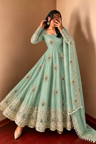 Mint green peacock feather embroidered silk gown with pant & dupatta