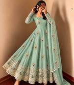 Mint green peacock feather embroidered silk gown with pant & dupatta