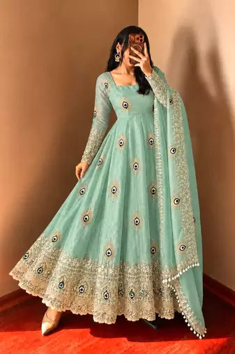 Mint green peacock feather embroidered silk gown with pant & dupatta