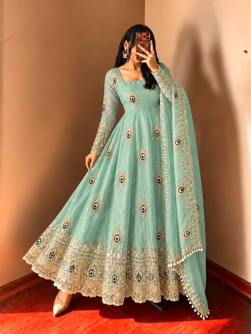 Mint green peacock feather embroidered silk gown with pant & dupatta