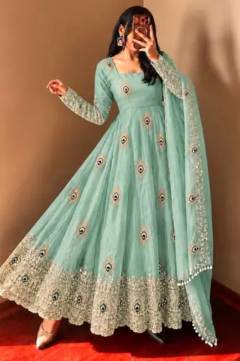 Mint green peacock feather embroidered silk gown with pant & dupatta