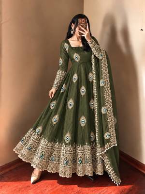 Mehendi green peacock feather embroidered silk gown with pant & dupatta 1