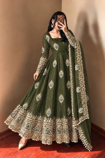 Mehendi green peacock feather embroidered silk gown with pant & dupatta