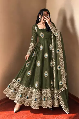 Mehendi green peacock feather embroidered silk gown with pant & dupatta