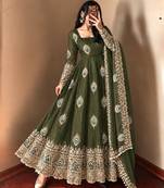 Mehendi green peacock feather embroidered silk gown with pant & dupatta