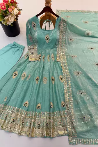 Mint green peacock feather embroidered silk gown with pant & dupatta