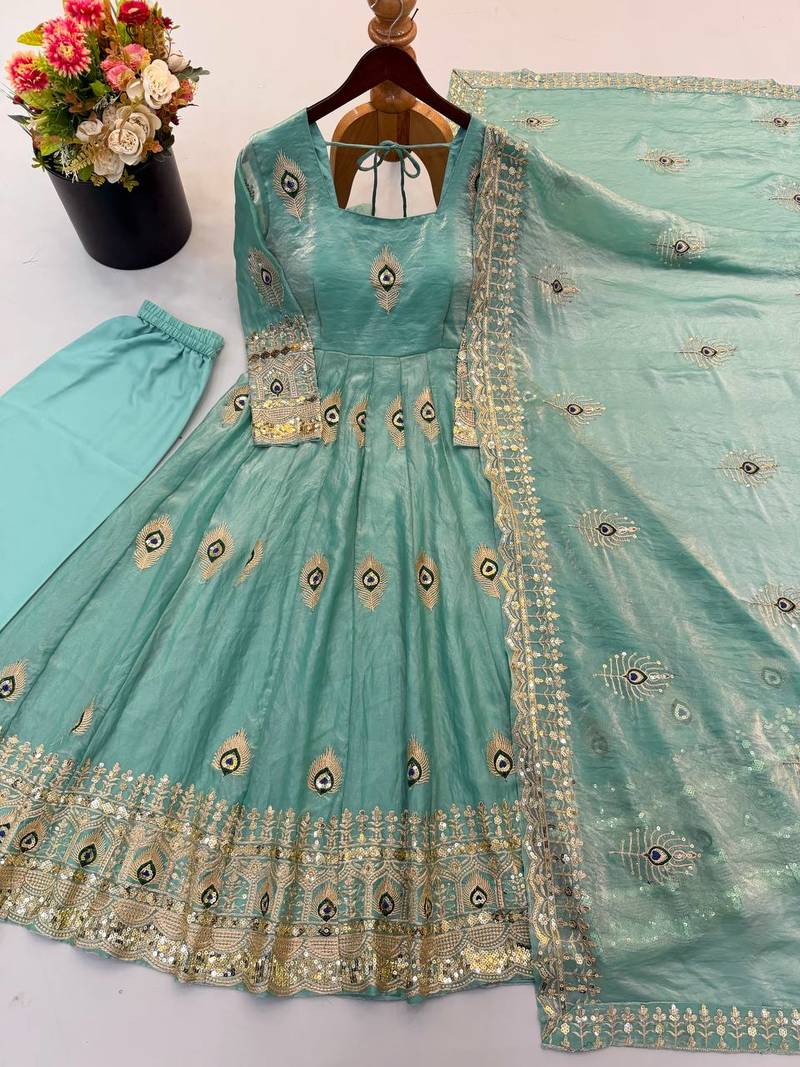 Mint green peacock feather embroidered silk gown with pant & dupatta