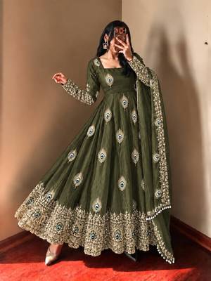 Mehendi green peacock feather embroidered silk gown with pant & dupatta 2