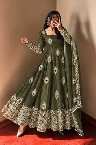 Mehendi green peacock feather embroidered silk gown with pant & dupatta