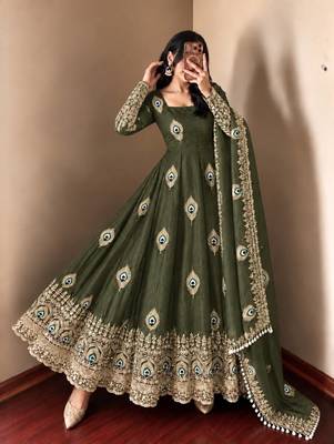 Mehendi green peacock feather embroidered silk gown with pant & dupatta 3