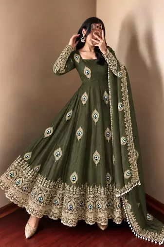 Mehendi green peacock feather embroidered silk gown with pant & dupatta
