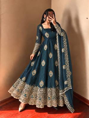 Peacock blue peacock feather embroidered silk gown with pant & dupatta 1