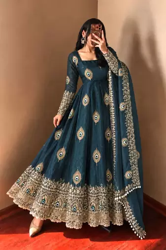 Peacock blue peacock feather embroidered silk gown with pant & dupatta