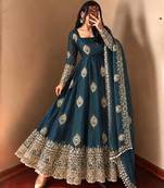 Peacock blue peacock feather embroidered silk gown with pant & dupatta