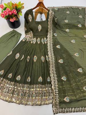 Mehendi green peacock feather embroidered silk gown with pant & dupatta 4