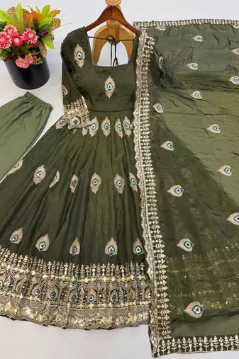Mehendi green peacock feather embroidered silk gown with pant & dupatta