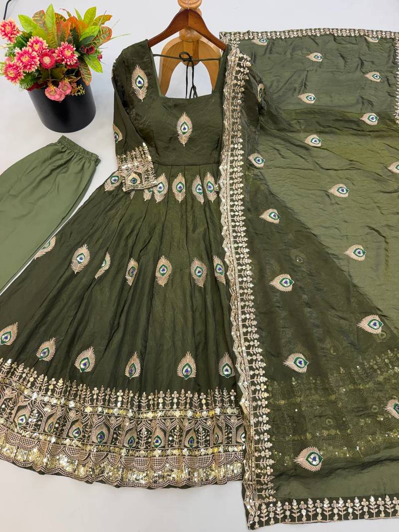 Mehendi green peacock feather embroidered silk gown with pant & dupatta